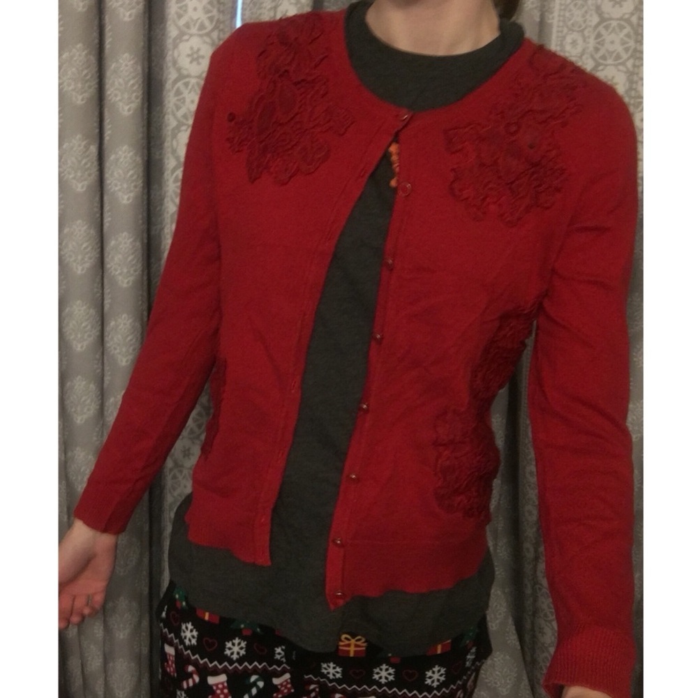 Red Cardigan with flowers New York and Company